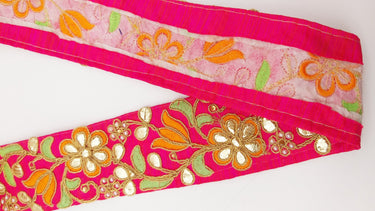Dark Pink Fabric Trim In Green, Orange & Gold Floral Embroidery, Beaded Gota Patti